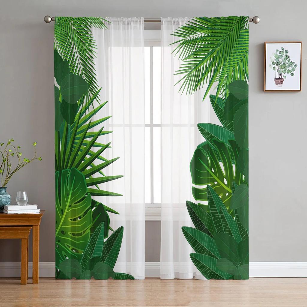 Tropical Green Plant Leaves Sheer Curtains For Living Room Bedroom Tulle Curtains Kitchen Window Treatments Panel Drapes