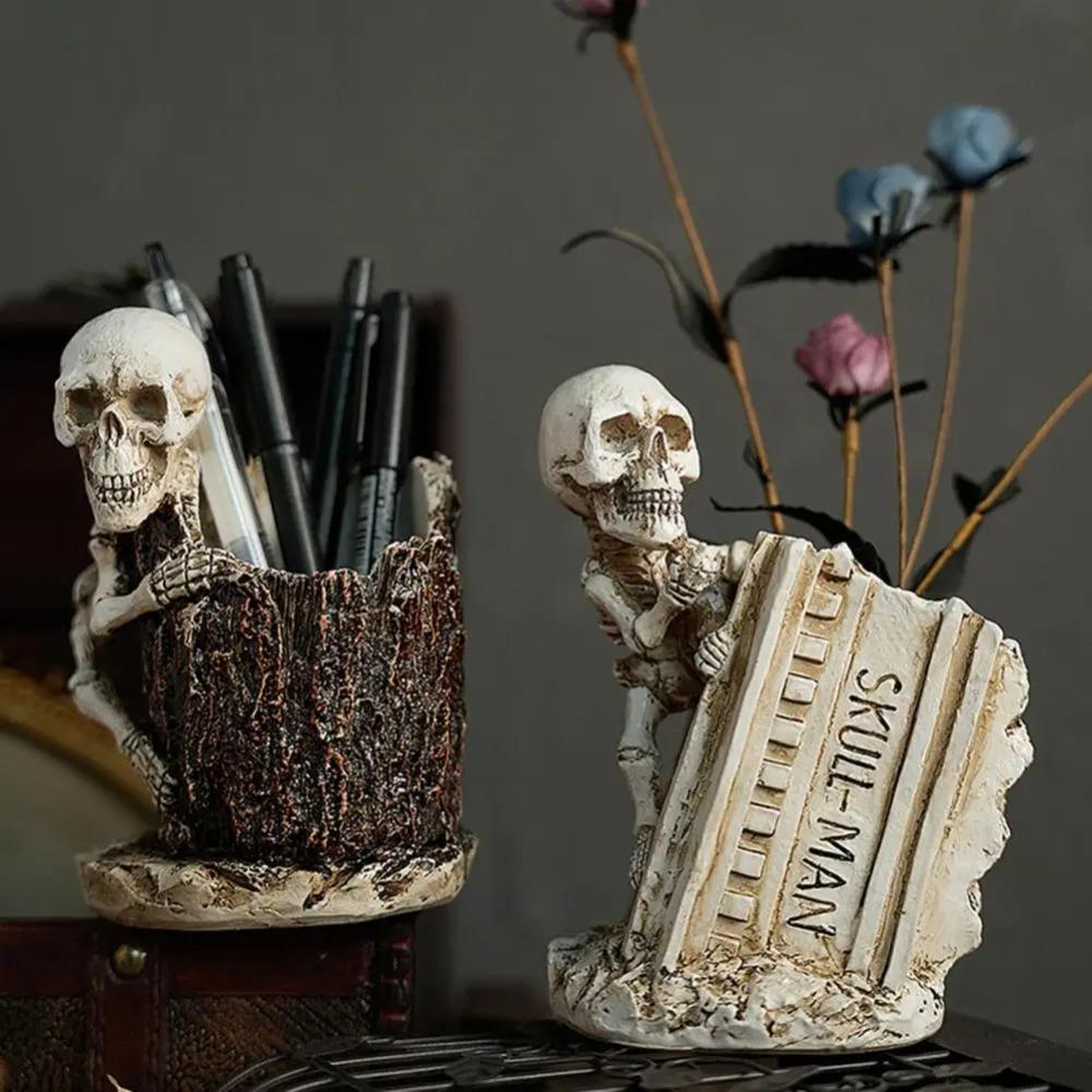 Funny Halloween Skull Pen Holder Scary Skeleton Statue Ornament Home Desktop Decoration