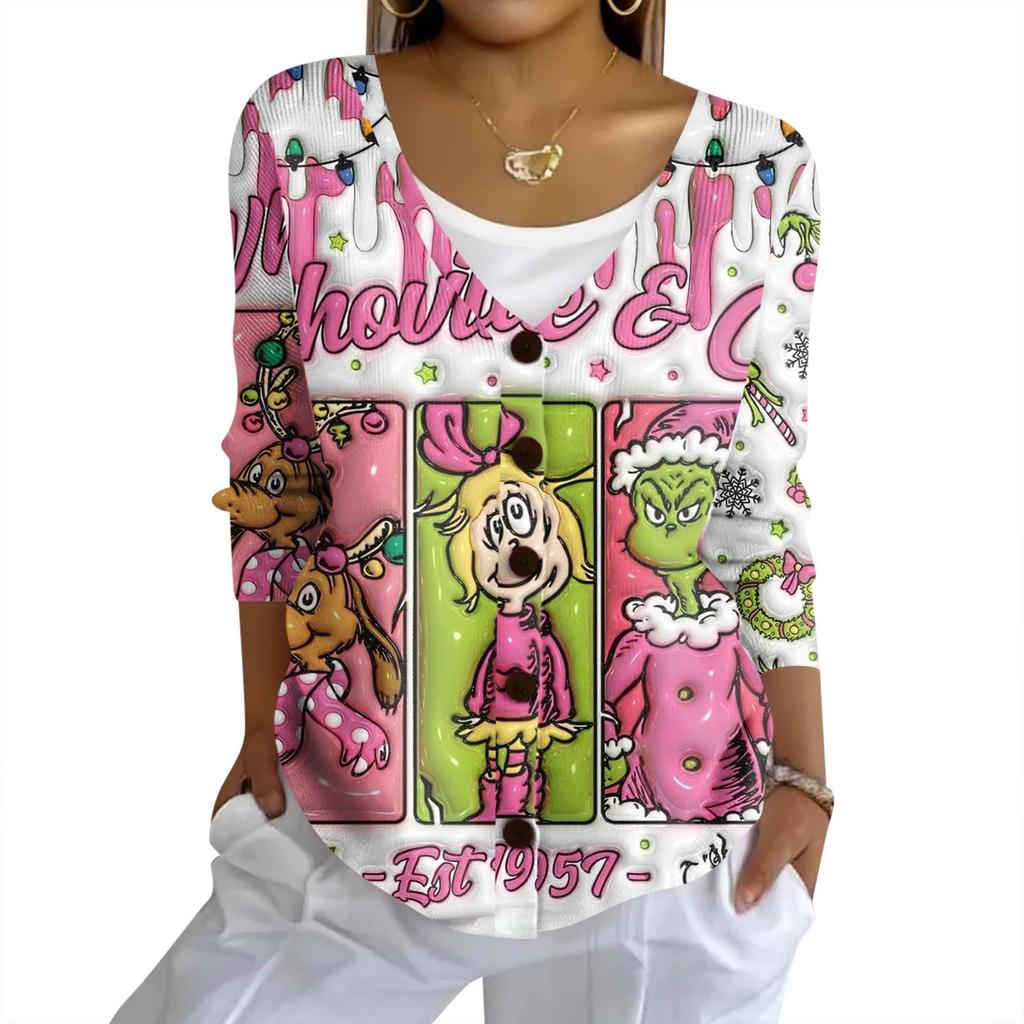 Women's Fashion Casual Knit Sweater Button-Up Christmas Print Cardigan Jacket