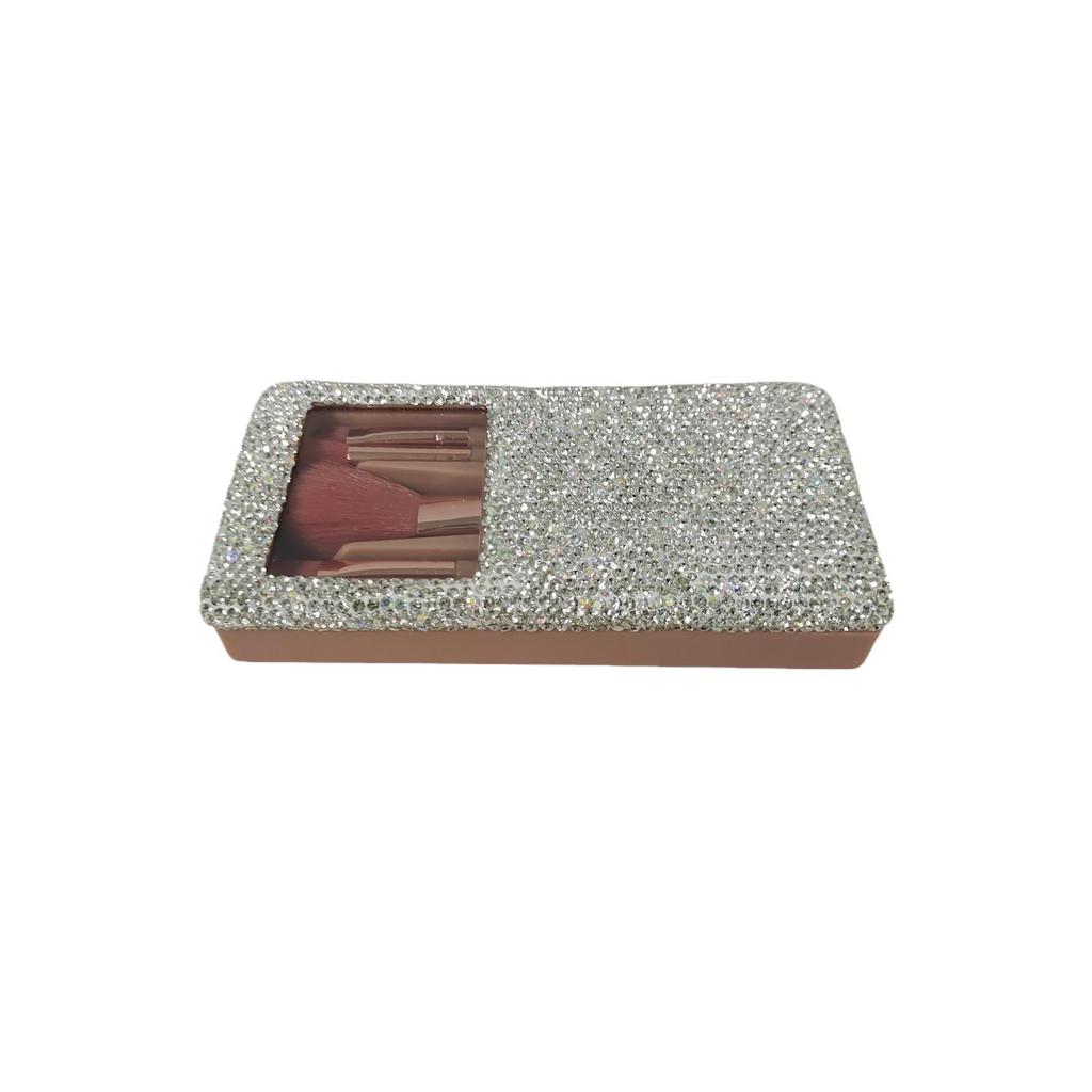 Rhinestone Travel Makeup Box with Mirror & Mini Brush Set