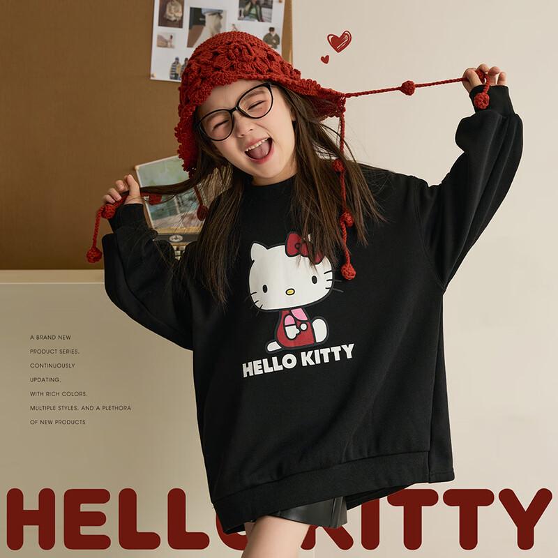 Женский свободный свитшот средней длины с принтом Hello Kitty и флисовой подкладкой 130