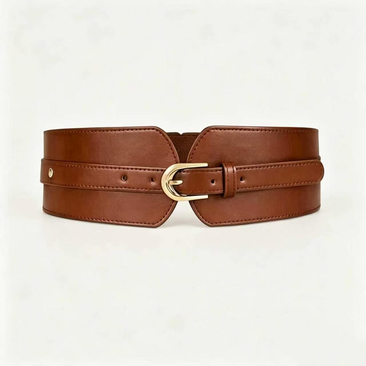 Women s Retro Gold Horseshoe Buckle Wide Waist Cincher in Genuine Leather коричневый