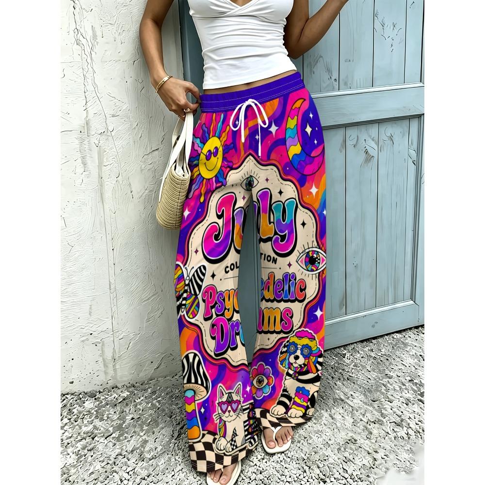Vintage psychedelic cartoon sun dog print women's wide-leg pants loose and thin trousers