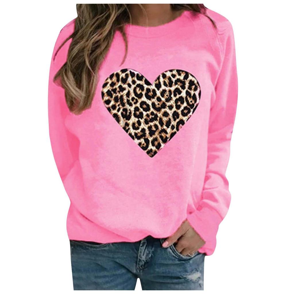 Women Casual Fashion Leopard Print Love Hoodless Plus Fleece Long-sleeved Sweater Top