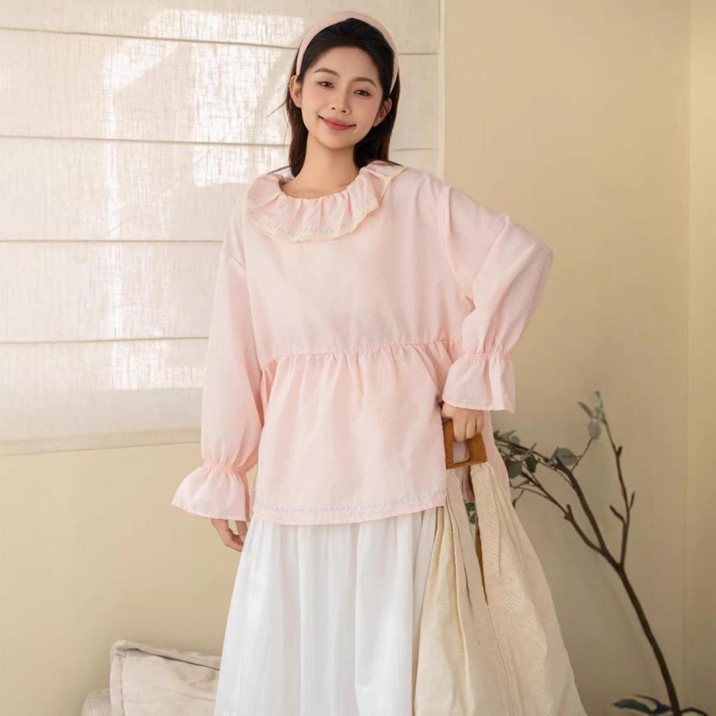 Plaid Patchwork Long Sleeve Doll Shirt - Spring 2026 Forest Girl Slimming Loose Top