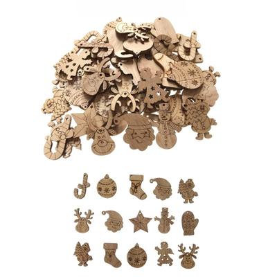 50PCS Mini Christmas Tree Snowflakes Stars Moose Bells Hats Socks Angels Christmas Unfinished Blank Wood Pieces Wood Slices