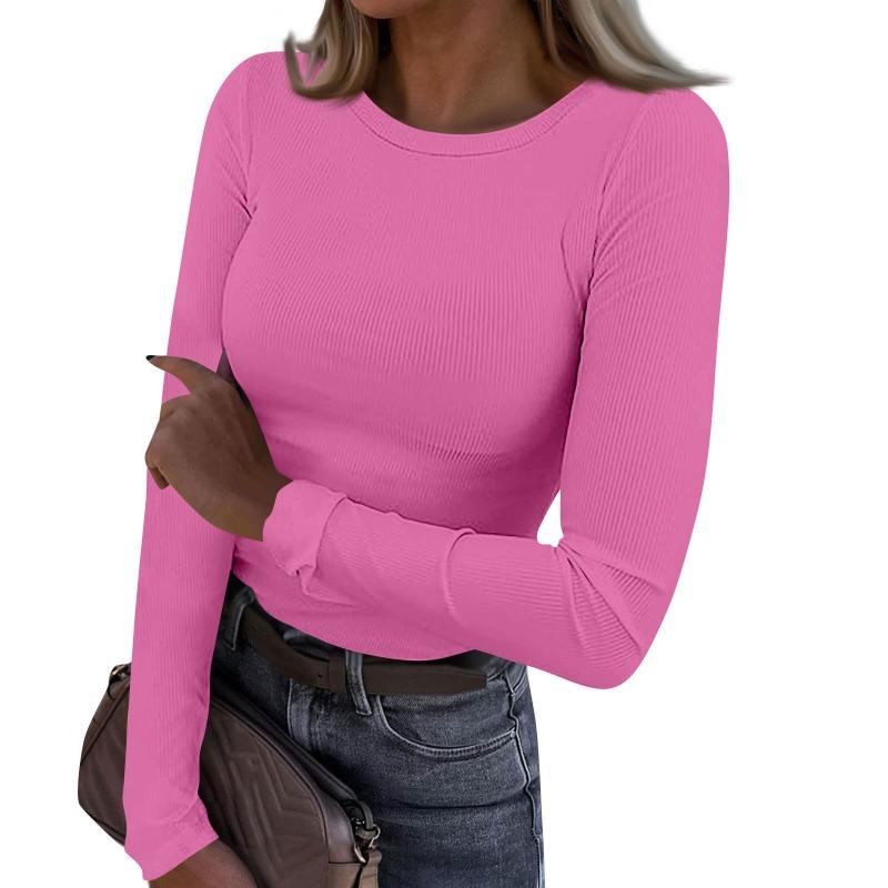 Women's Ribbed Knit Crew Neck Long Sleeve Form-Fitting Top
