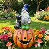 Hand Painted Yard Decor Halloween Gnome Outdoor Garden Statue, Resin On Pumpkin Figurine with Autumn Home Accents Black Cat, Fall Dwarf Sculpture for