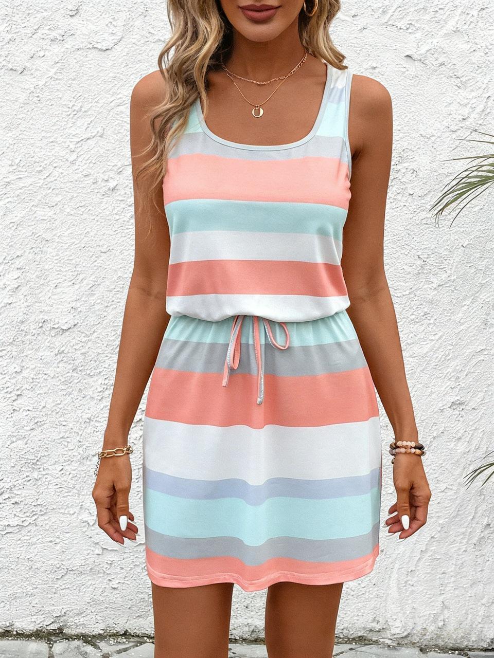 Женское летнее ретро-платье в полоску без рукавов на шнуровке, короткое M