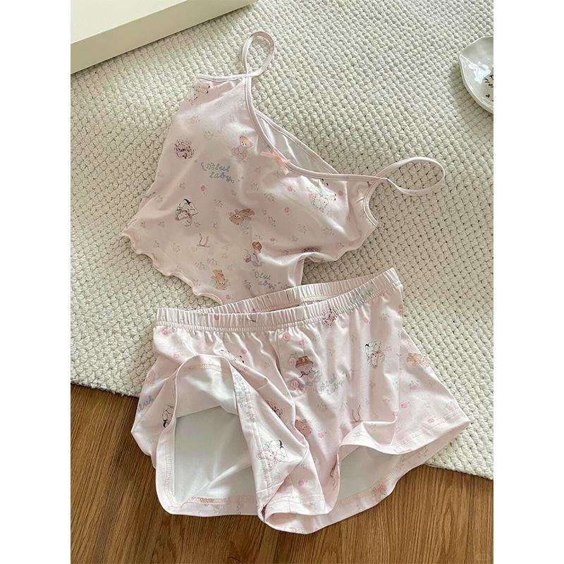 

[High-quality imitation cotton] New Korean version suspender pajamas women s sweet cartoon bear bow shorts loungewear M