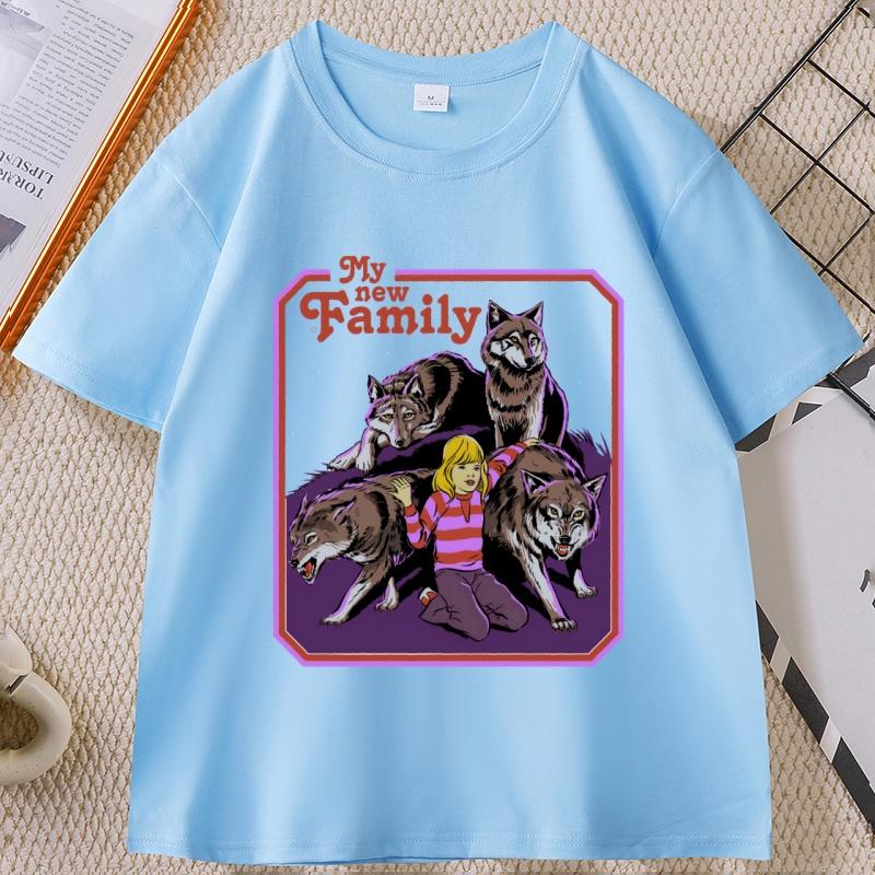 My New Family Wolf Tshirt Unisex WOMEN Vintage Cotton Short Sleeve T Shirt Funny T Shirts Comfortable Round Neck Graphic Tees Tops