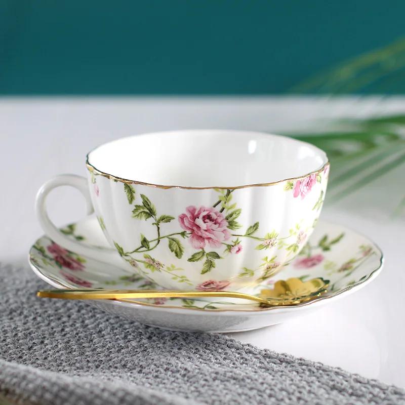 Elegant High-End Coffee Cup Saucer Set, Bone China, Flower Tea Set, British Afternoon Porcelain, Home Drinkware