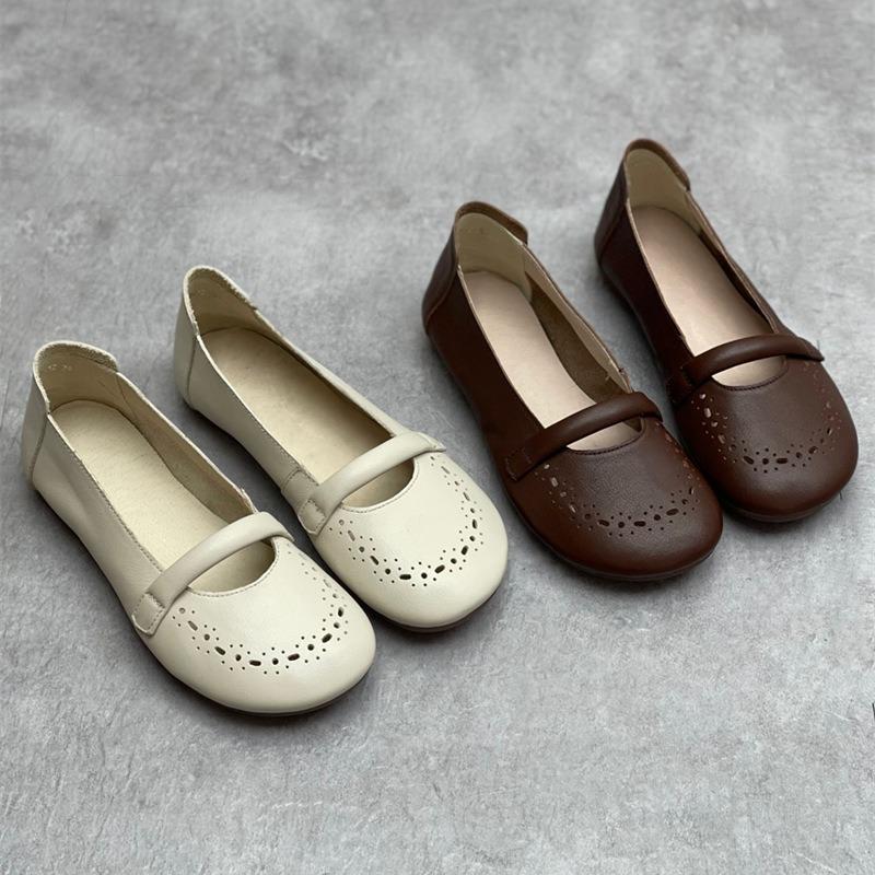 

Summer Vintage Handmade Leather Women s Shoes Cowhide Round Head Shallow Mouth Crocs 35 бежевый