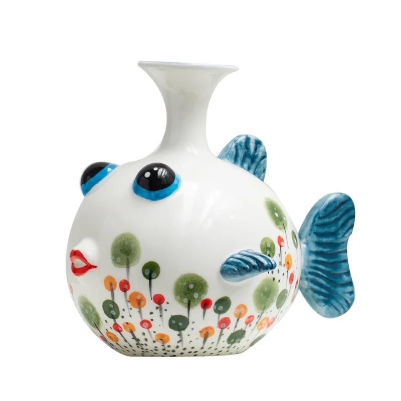 Ceramic Vase Cartoon Fish Hand-painted Wavy Pattern Flower Vase Colorful Fish Pot Terrarium Home Decoration Accessories