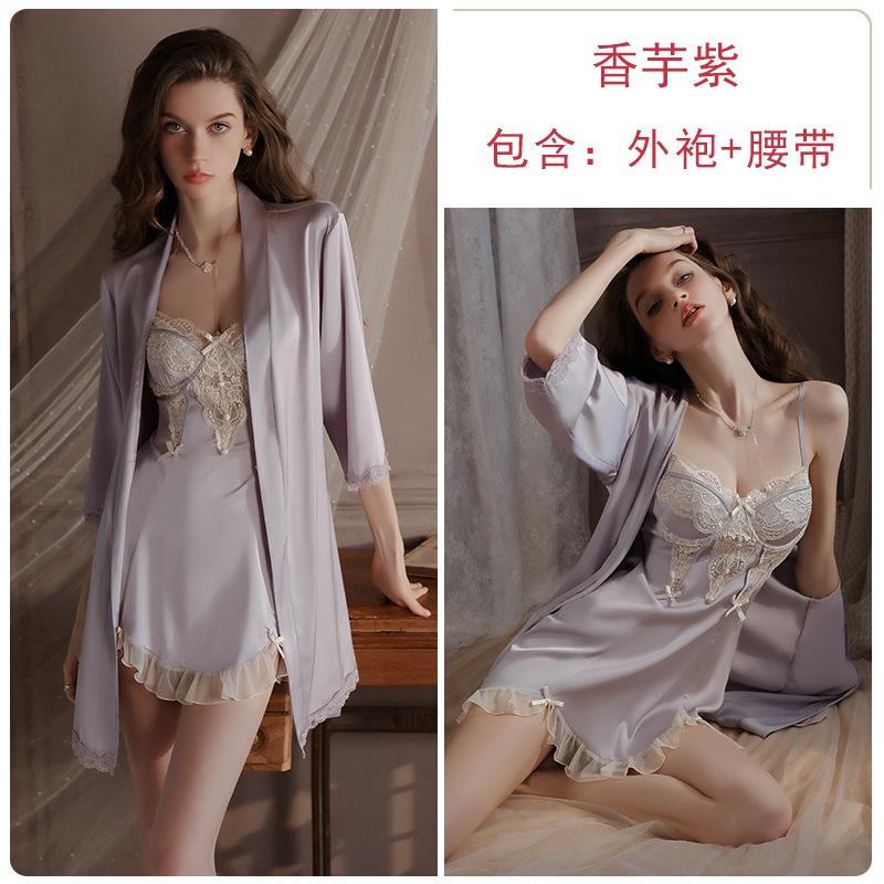 

Sweet embroidered lace plus chest pad deep V seduction satin nightdress robe women s home set one size fits all
