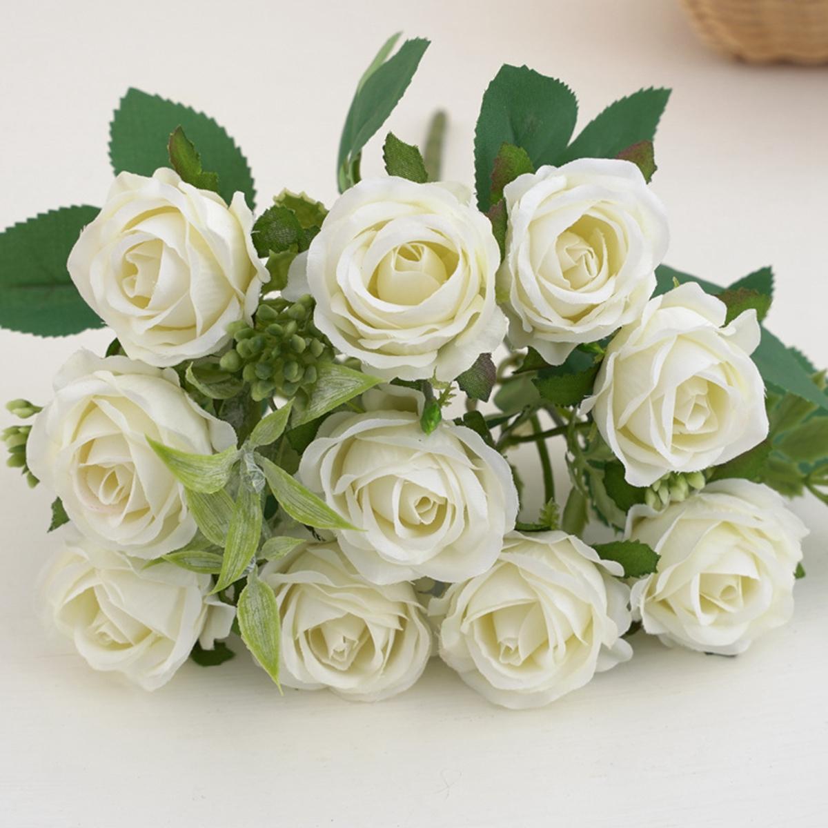 

10 Heads Artificial Flowers Scrapbooking Silk Roses Christmas Wedding Party Bouquet Household Products Vases for Home Decoration белый