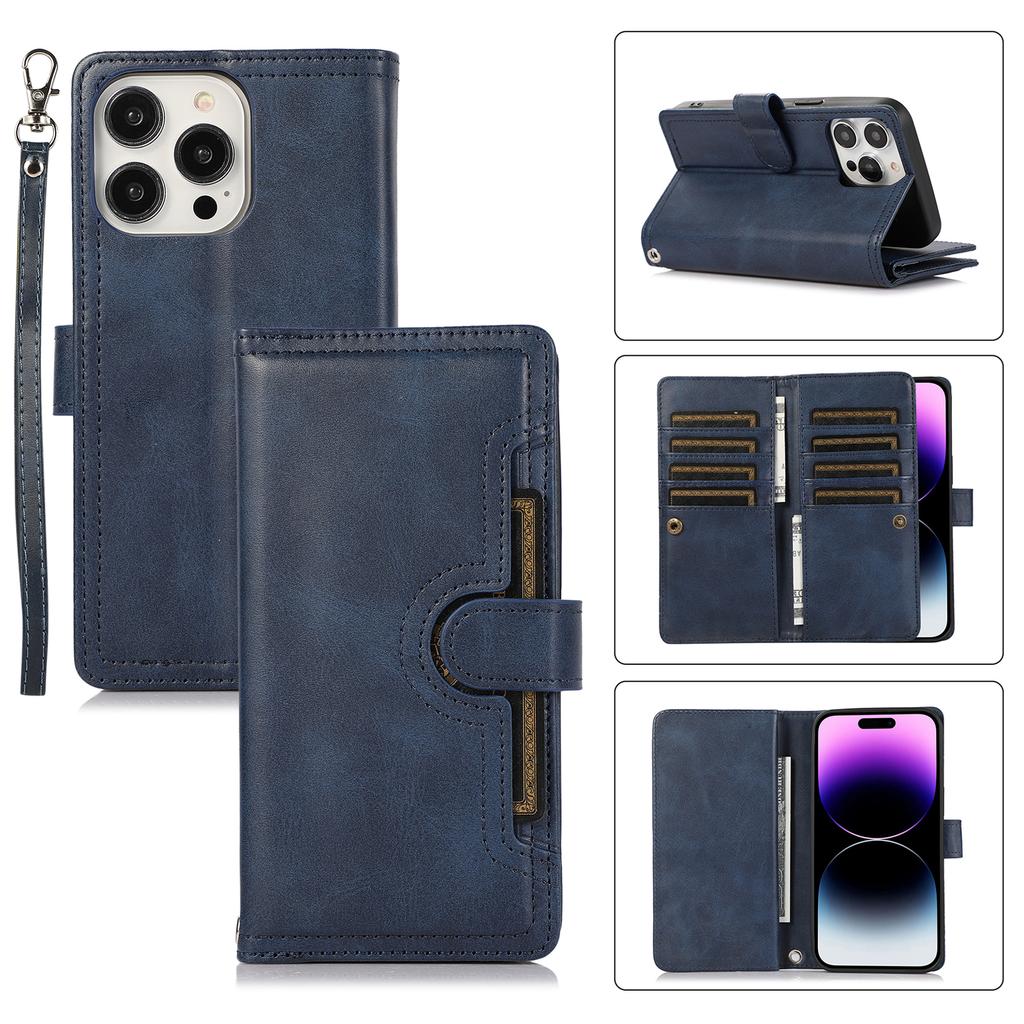 For iPhone 15 Pro Split Leather Stand Cover Multiple Card Slots Wallet Phone Case with Strap