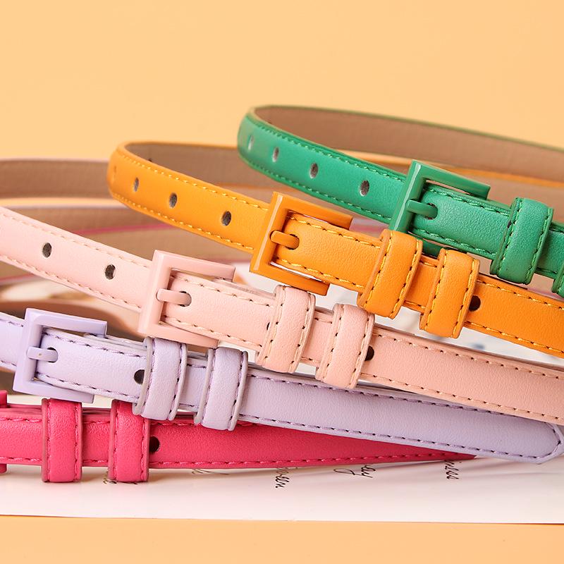 Versatile Women's Candy Color Leather Belt with Small Square Buckle - Thin, Decorative Waist Accessory for Dres… More