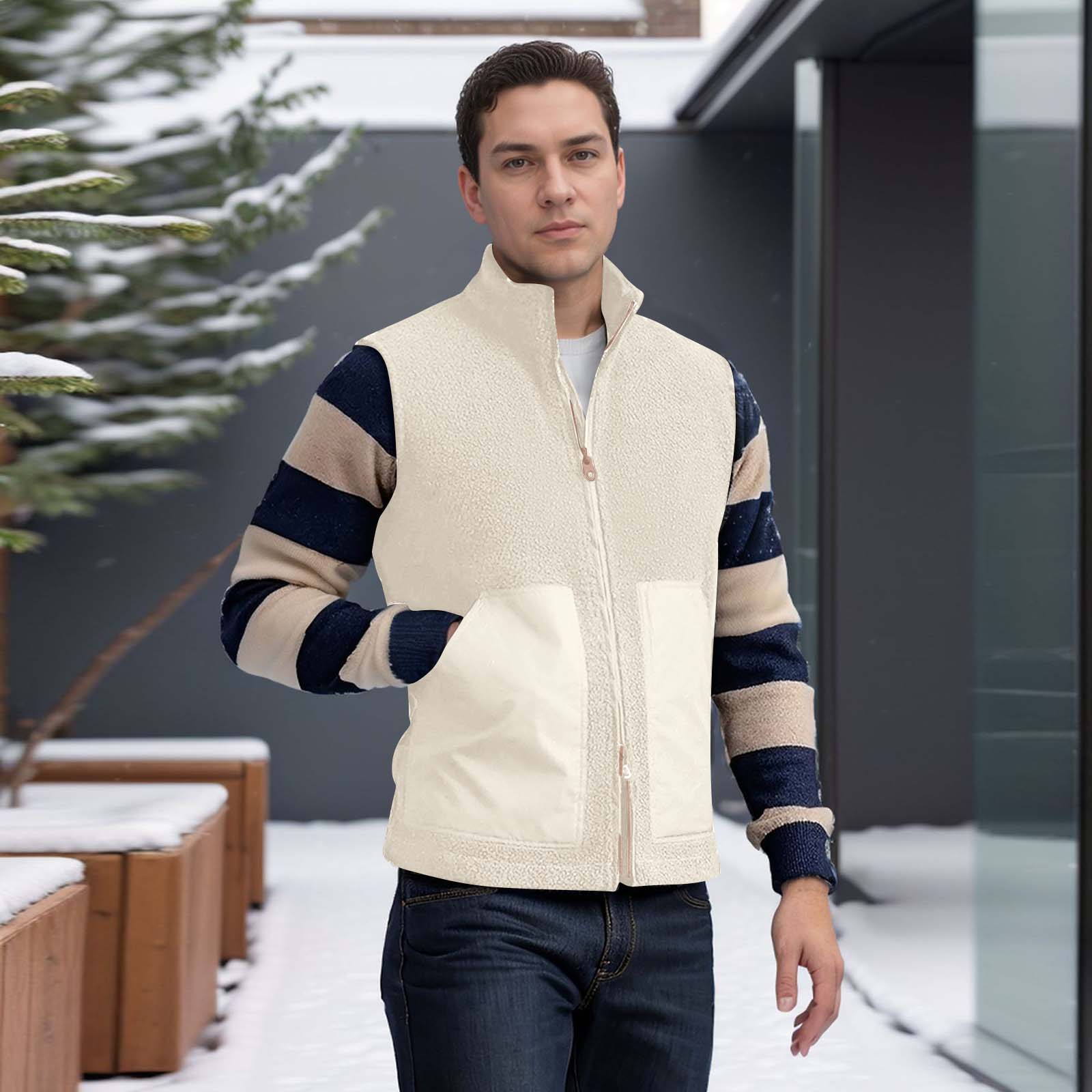 

Мужской жилет из овчины с воротником-стойкой на молнии, с большим карманом, повседневный спортивный жилет L белый