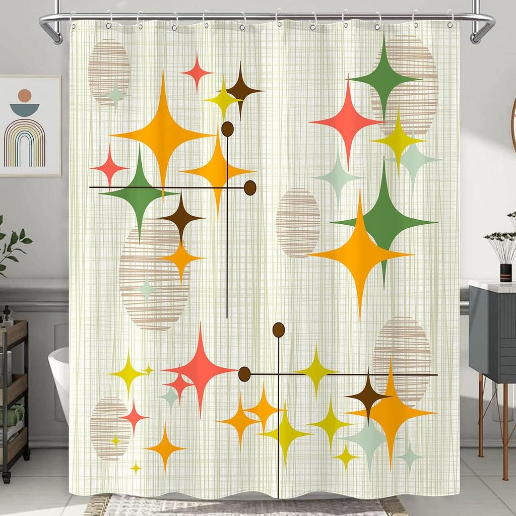 Mid Century Modern Shower Curtain Retro Stars Abstract Boho Art 72x72 Inch, Waterproof Vintage Bathroom Decor with Hooks,Yellow