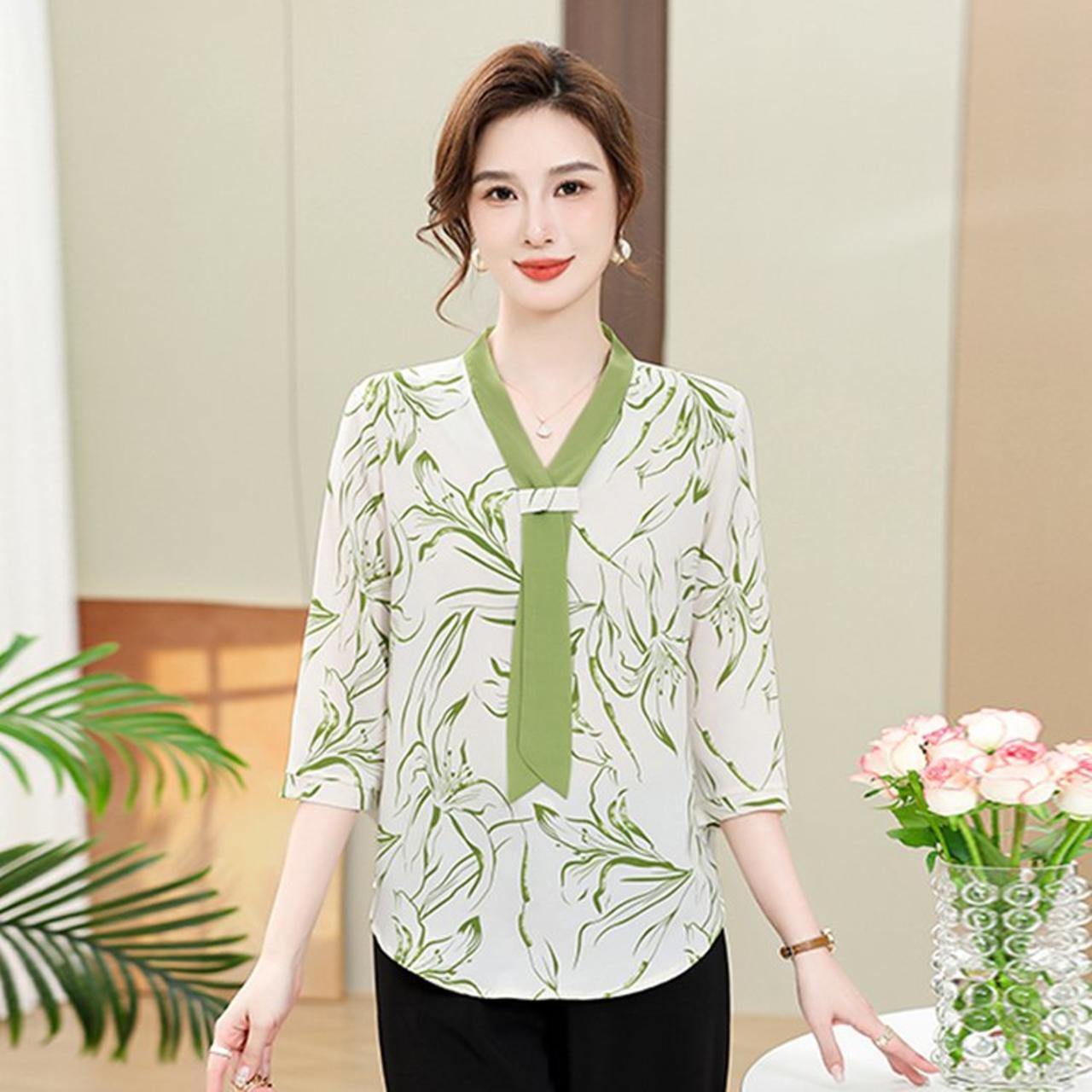 Elegant Women s Summer Chiffon Printed Seven-Sleeve Top 3XL