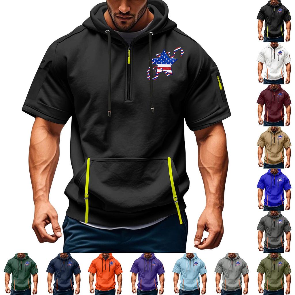 Men's Summer Shirt Print Zipper Pocket Short Sleeve Hooded Sweatshirt Men's Sports Large Size Casual Sweatshirt