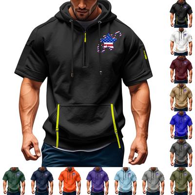 Heren Zomer Shirt Print Ritszak Korte Mouw Hoodie Heren Sport Grote Maat Casual Sweatshirt