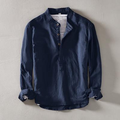 Men's Linen Long-sleeved Shirt Stand Collar Spring and Autumn Clothing Youth Casual Loose Men's Cotton Linen Cloth with White Lining Blouse