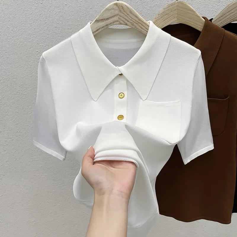 Women's Summer Loose-Fit Slimming Polo Neck Ice Silk Short-Sleeve T-Shirt Solid Color Collared Knit Top