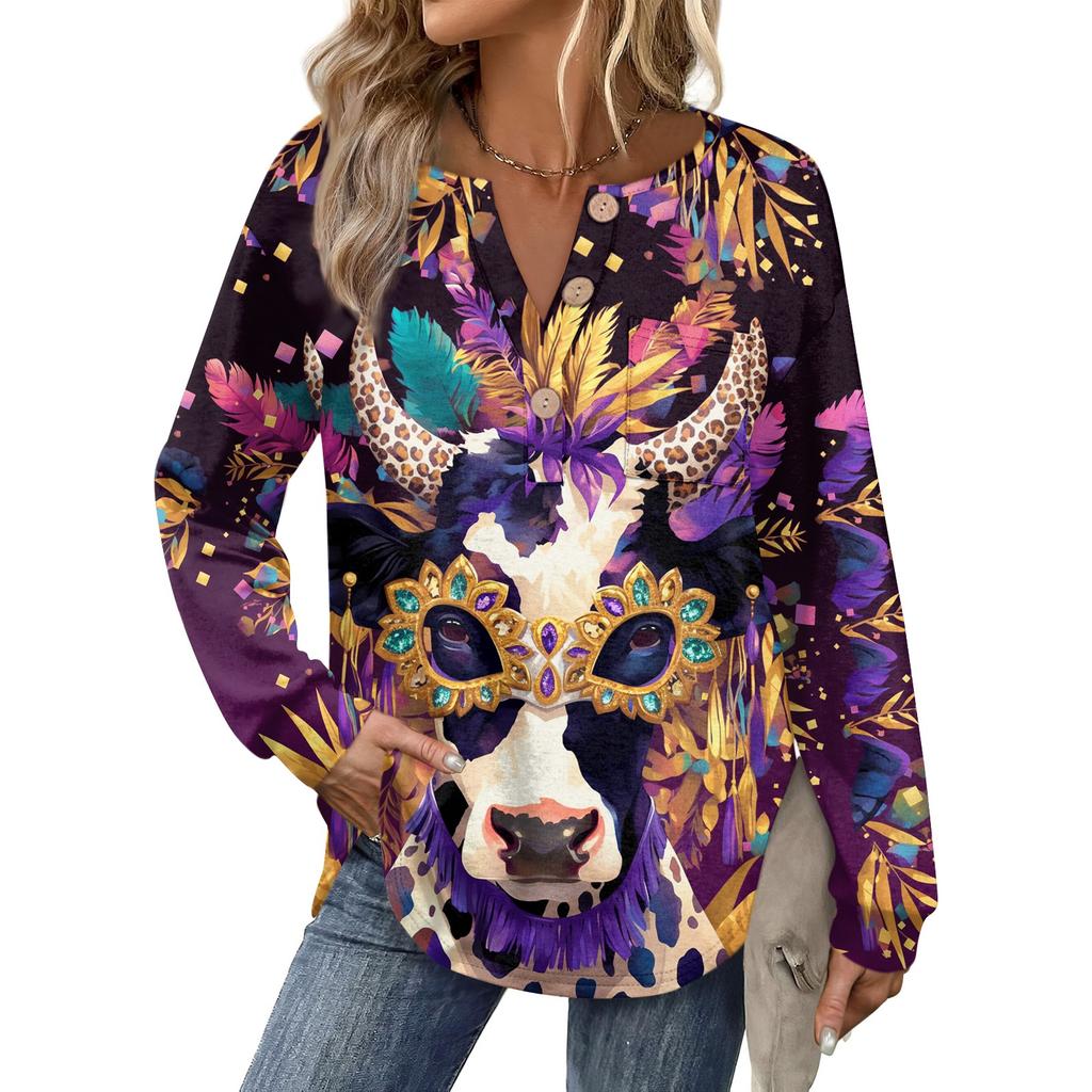 Women's Carnival Printed Fashion Long Sleeve Button Hoodie Top
