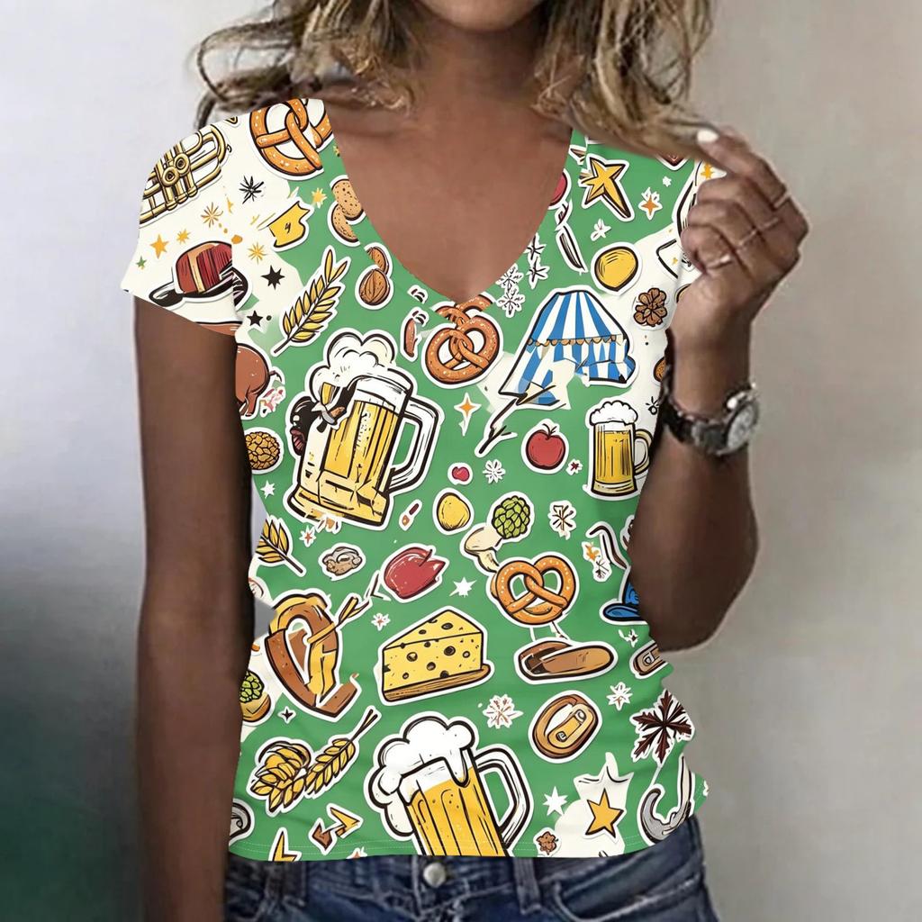 Women's Casual V Neck Short Sleeve T Shirt Oktoberfest Print Top Lightweight Comfortable Summer Tee