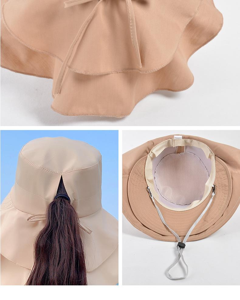 Women's Wide Brim Sun Hats, UV Neck Protection, Solar Beach Bucket Hats, Foldable Ponytail Travel Caps, Girls