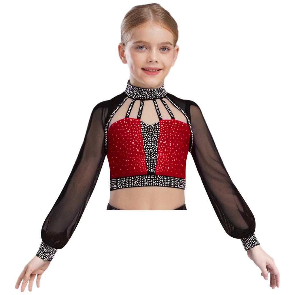 Flickor Dansuppträdande Topp Mock Neck Långärmad Genomskinlig Mesh Utskuren Rygg Axelbandsförsedd Strass Crop Top