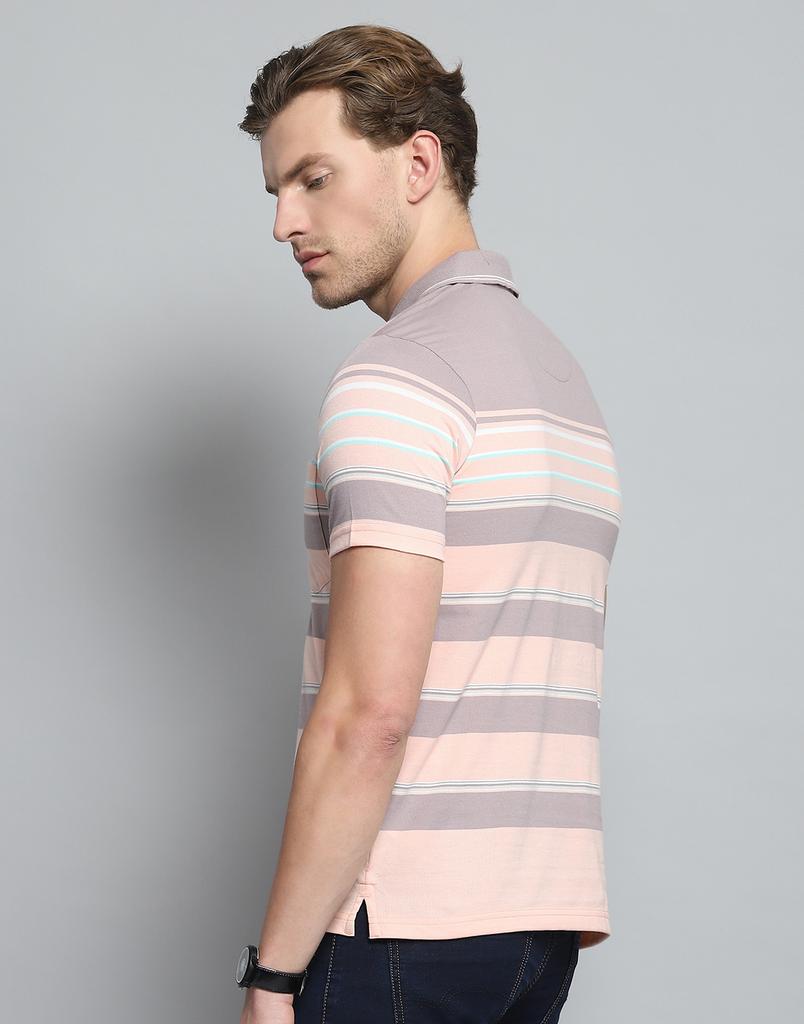 MONTE CARLO Mens Striped Peach Collar Neck Half Sleeve T-Shirt