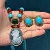 Vintage Blau Naturstein Böhmischer Stil Cameo Schönheitskopf Türkis Schmucksets Für Frau Halskette Und Ohrring Perlen Antik
