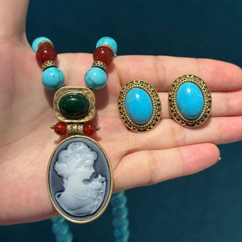 Vintage Blau Naturstein Böhmischer Stil Cameo Schönheitskopf Türkis Schmucksets Für Frau Halskette Und Ohrring Perlen Antik