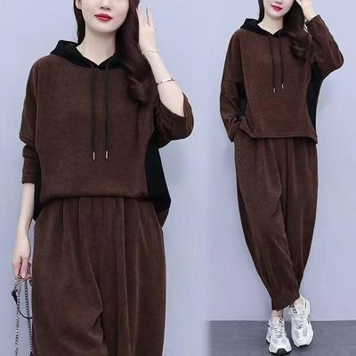 Plus Size Casual Hooded Fashion Suit Autumn Corduroy Large Size Fat Mother Slim Casual Two-piece Suit