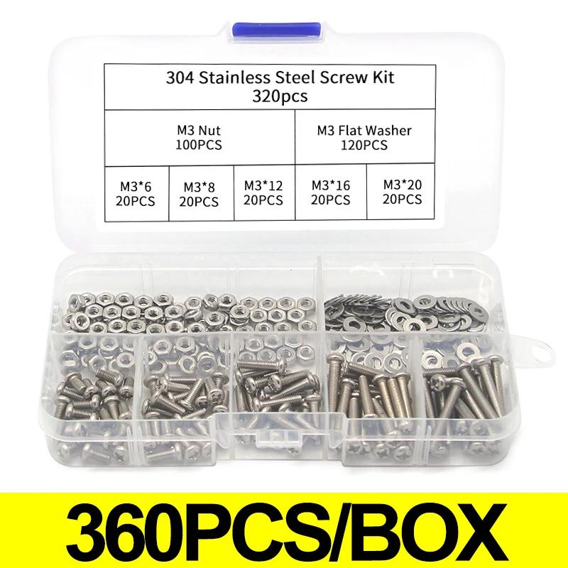 

320/640 шт. М3 винты из нержавеющей стали с шестигранным углублением под ключ, болты, гайки, набор круглых плоских головок, набор шайб 320PCS (1 Box)