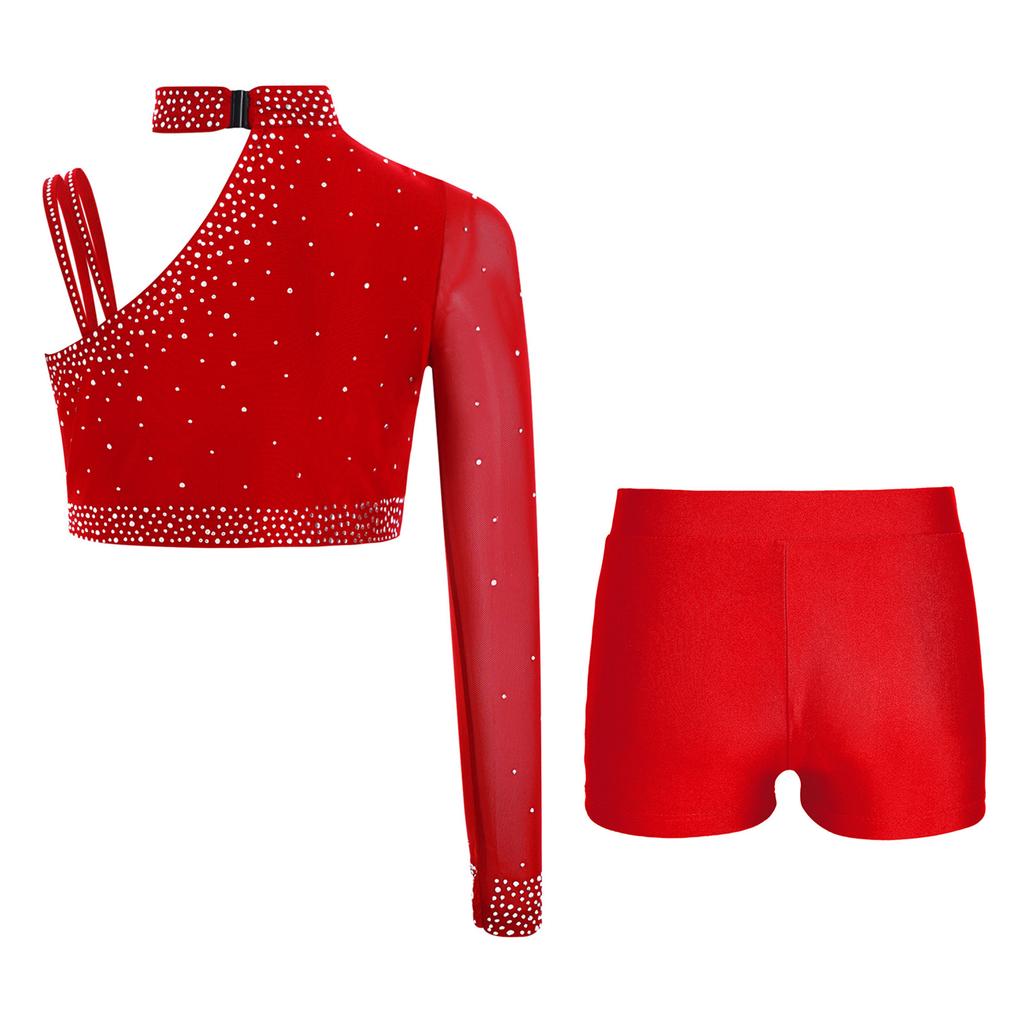 Třpytivý crop top na tanec s kamínky pro dívky: Šortky s nepravidelným ramenem a V-předním pasem pro taneční vystoupení