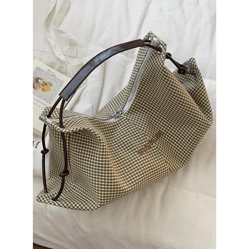 Casual Canvas Bag Large Capacity Women's Bag 2025 New Plaid Tote Bag Embroidered Letter One Shoulder Underarm Bag