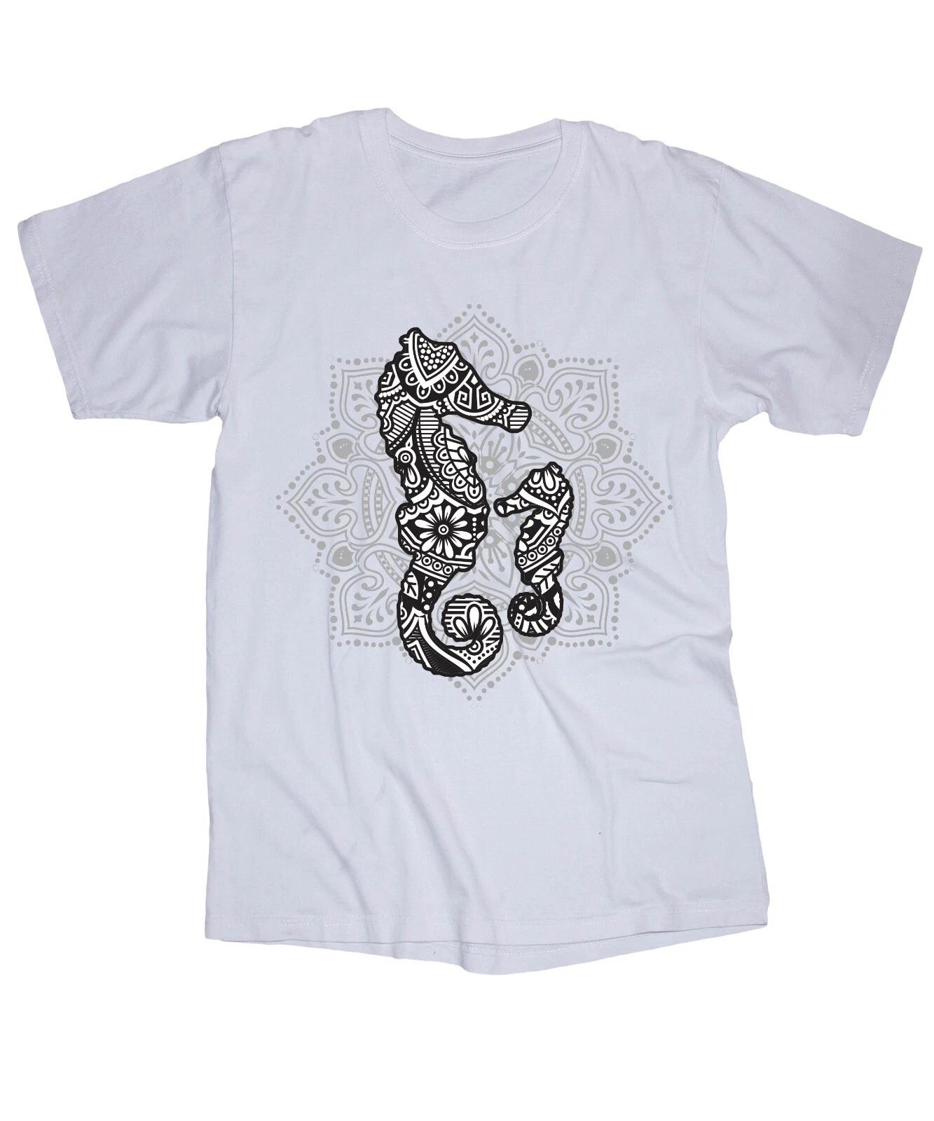 

Mandala Seahorse art white T-shirt Tattoo Sea Ocean Flowers S