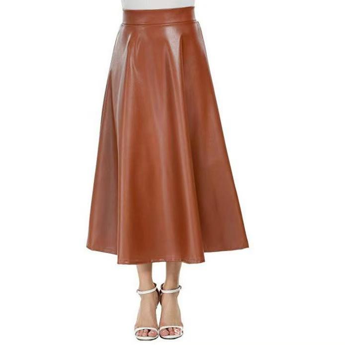 2025 European Early Spring Fashion High Waist Long Flare Leather Skirt for Women