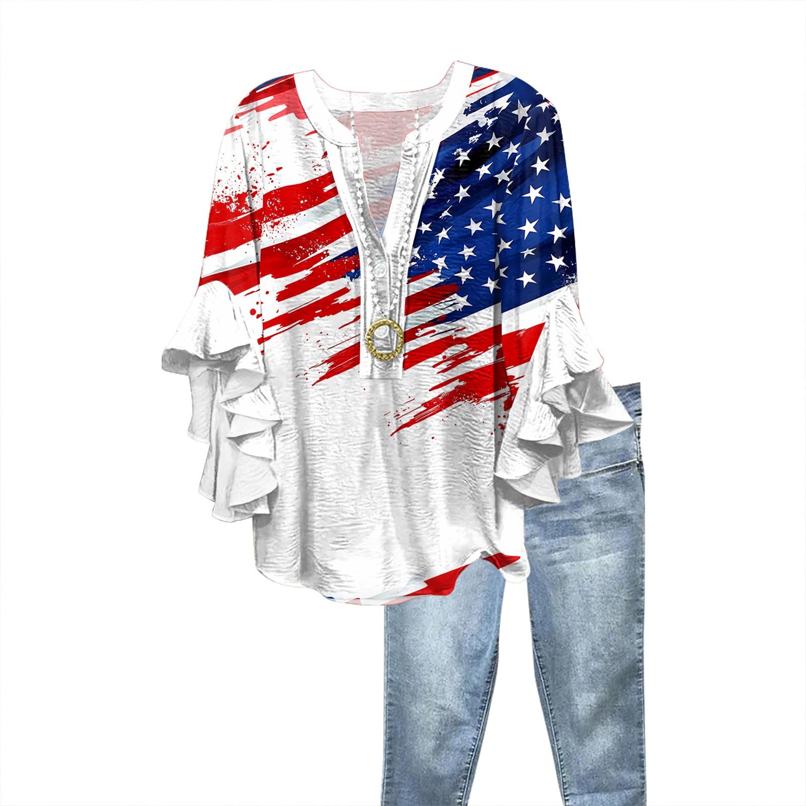 

Summer Tops For Women Cute V Neck 3/4 Sleeve Blouses Print Top Casual Shirts XL