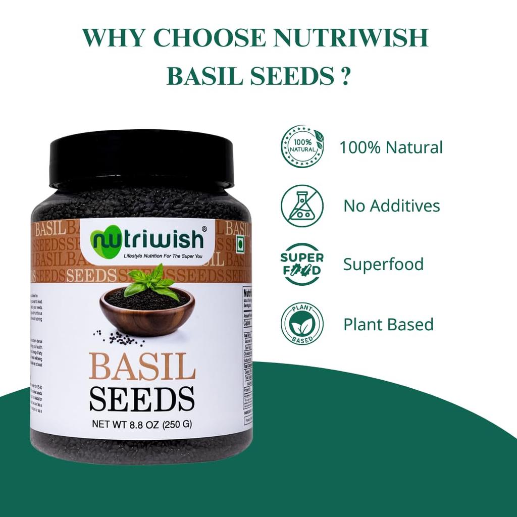 Nutriwish Natural Basil Seeds 250 g | Pure & Fresh | Safe & Beneficial Tulsi Seeds | for Eating | No Additives | Good for Healthy Snacks |