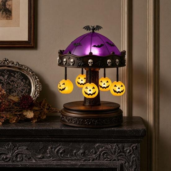 xiaobudian Ghost Carousel Light, Halloween Night Gothic Stained Glass Shade with Floating Ghosts/Pumpkins, Spooky Table Lamp for Bedroom Home