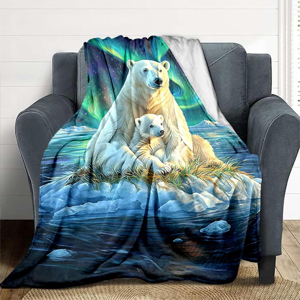 1pc Polar Bears Aurora Blanket, Lightweight Flannel Throw Blanket For Sofa, Bed, Travel, Camping, Living Room, Office, Couch, Chair, And Bed
