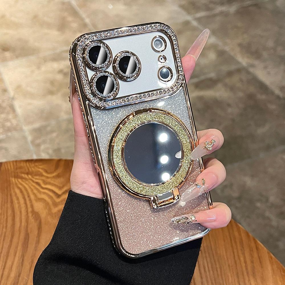Gradient Glitter For Magsafe Magnetic Mirror Stand Holder Case For iPhone 13 14 15 16 17 Pro Max Bling Diamond Shockproof Cover
