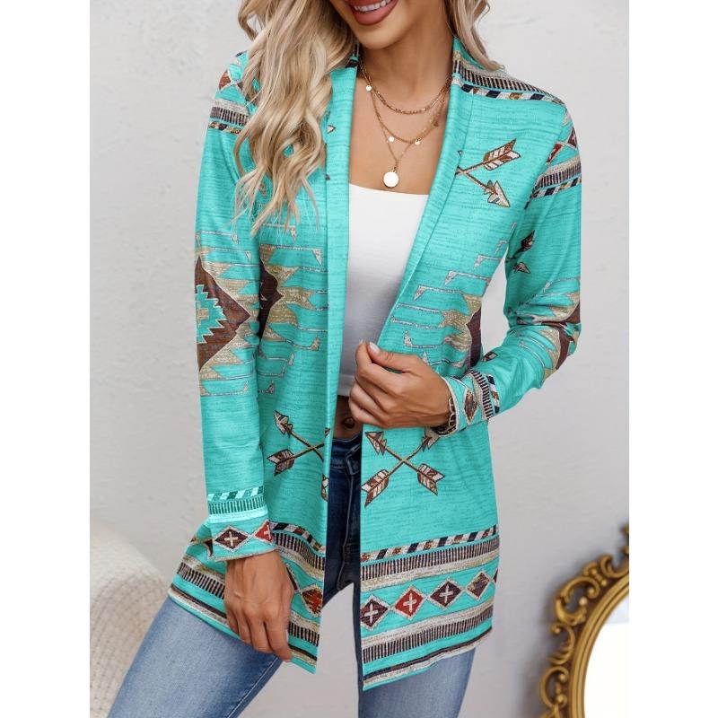 Western Ethnic Print Open Front Cardigan, Casual Long Sleeve Loose Cardigan, Women'S Clothing
