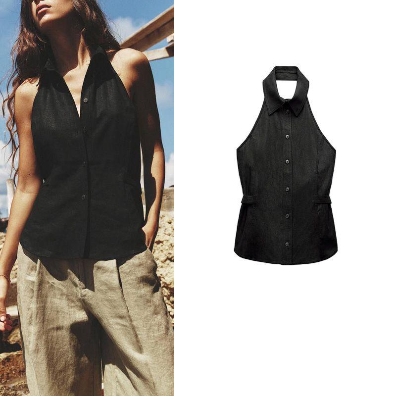 Spring New Fashion Sexy Style Sexy Open Back Buckle Decoration Linen Blended Hanging Collar Tops 8001709