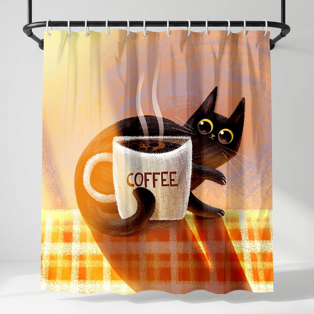 

Funny Black Cat Coffee Shower Curtain, Cute Kitten Peeking From Mug Bathroom Decor, Whimsical Cozy Art Fabric Bath Curtain W60H190(CM)-1 Pcs